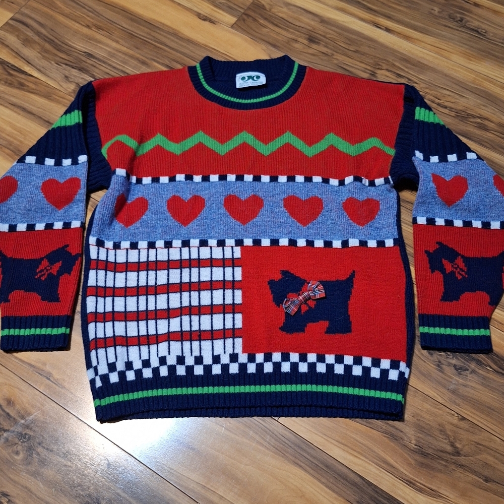 Vintage retro patchwork Scottie Dog cottagecore sweater size medium Grandma 90s